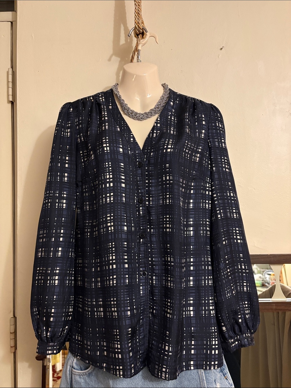 Tory Burch Navy and White Plaid V-Neck Button Down Blouse. 100. Silk